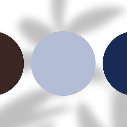 Three solid color circles in brown, light blue, and navy on a white background with blurred leaf shadows