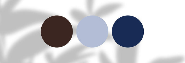 Three solid color circles in brown, light blue, and navy on a white background with blurred leaf shadows
