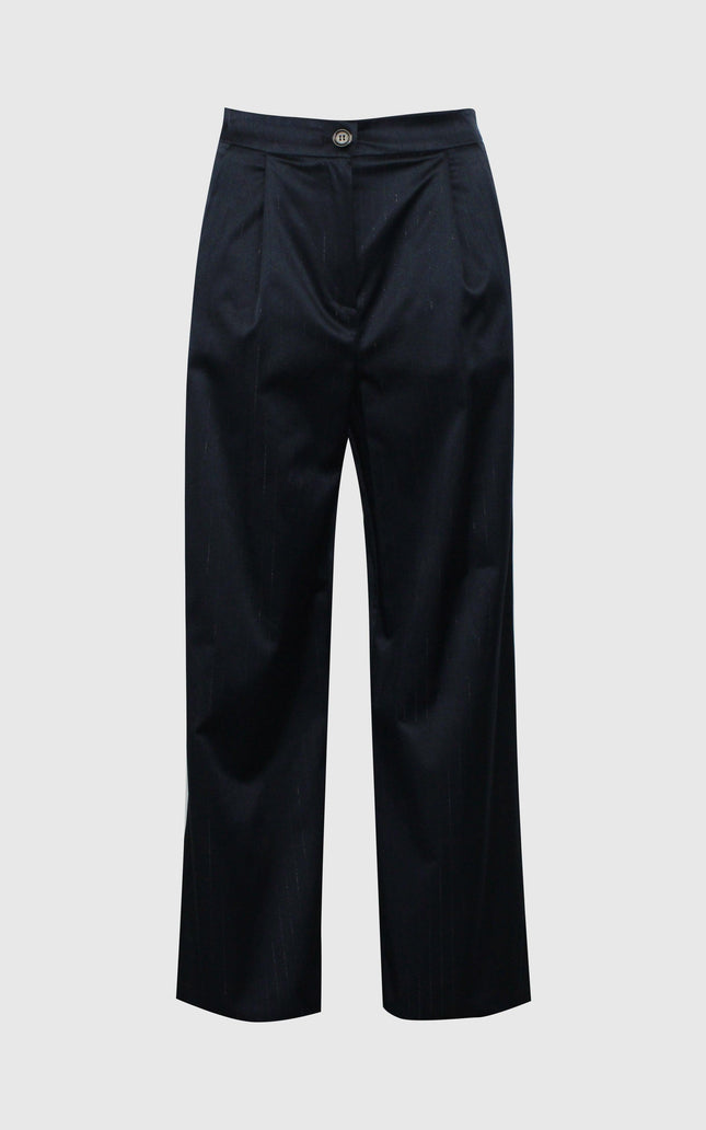 Black high-waisted wide-leg trousers with pleats, classic women's fashion