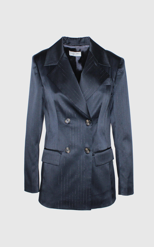 Women's double-breasted navy blazer with subtle pinstripes and notched lapels