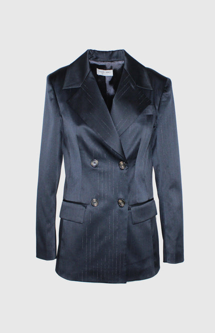 Women's double-breasted navy blazer with subtle pinstripes and notched lapels