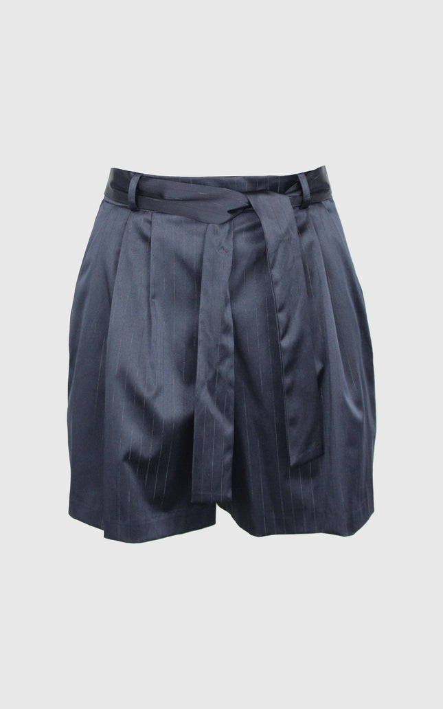 High-waisted navy pinstripe shorts with pleats and a matching fabric belt