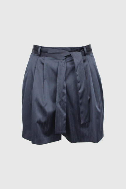 High-waisted navy pinstripe shorts with pleats and a matching fabric belt