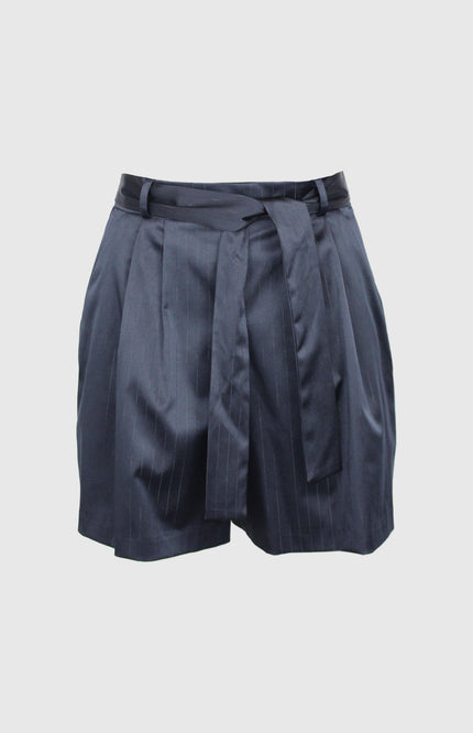 High-waisted navy pinstripe shorts with pleats and a matching fabric belt