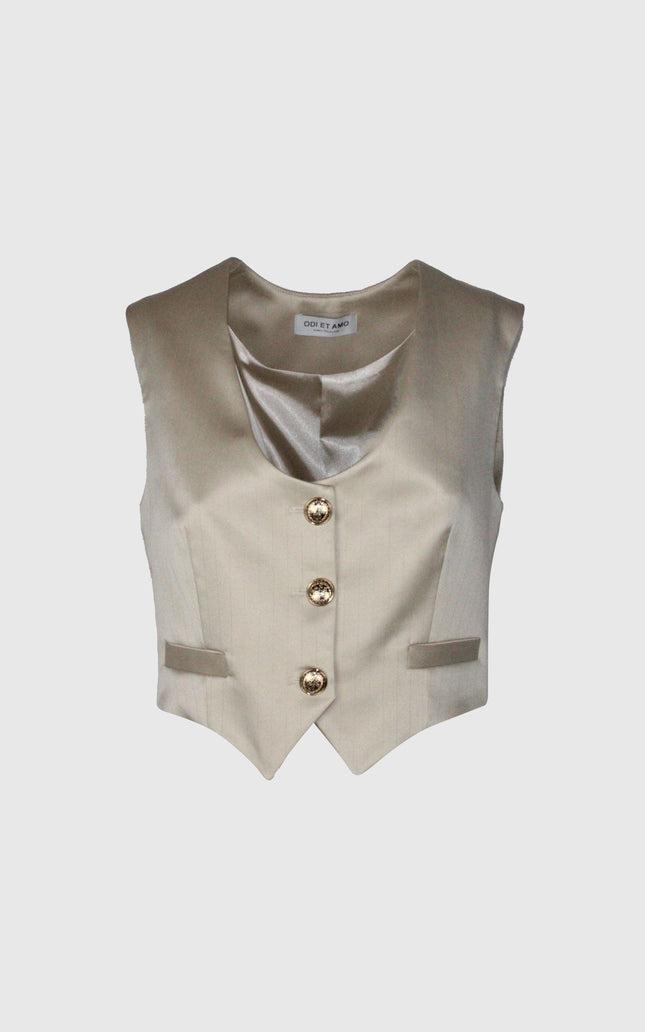 Tailored beige women's vest with gold buttons and satin collar on white background