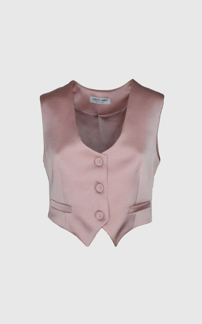 Pink satin women's vest with three buttons and two front pockets on white background