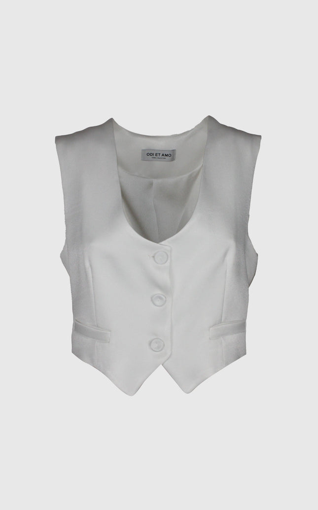Women’s white tailored vest with three buttons and pocket flaps, elegant fashion style
