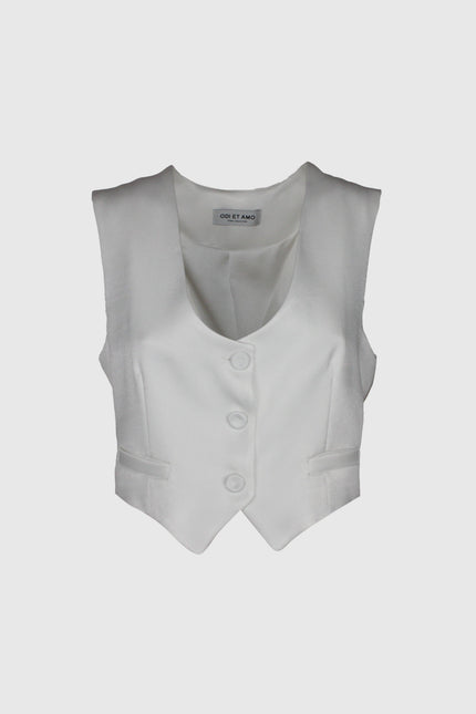 Women’s white tailored vest with three buttons and pocket flaps, elegant fashion style