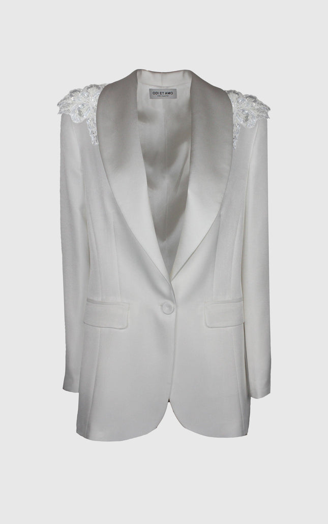 White women's blazer with lace shoulder details and satin lapels