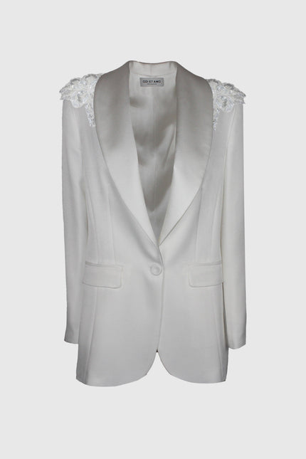 White women's blazer with lace shoulder details and satin lapels