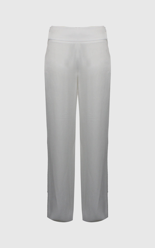 Women's high-waisted white wide-leg pants, front view, minimalist design