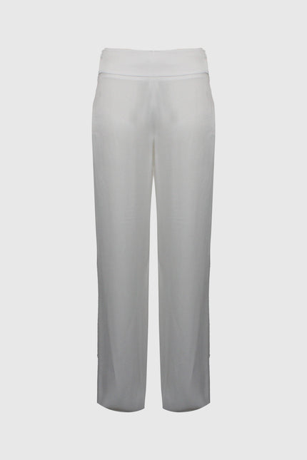 Women's high-waisted white wide-leg pants, front view, minimalist design