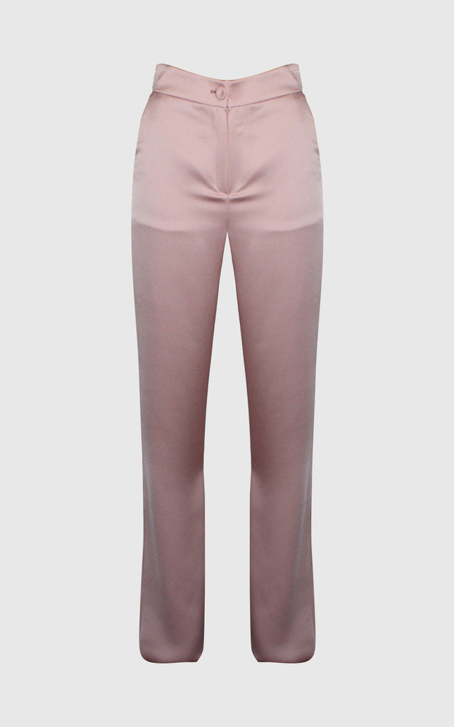 High-waisted pink satin straight-leg pants for women on white background