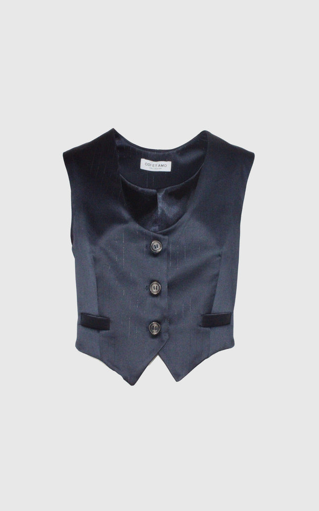 Black satin women’s vest with three buttons and front pockets on white background