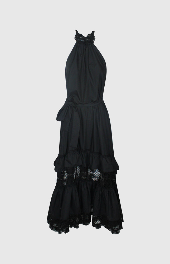 ABITO LUNGO MORBIDO CON INSERTI IN PIZZO E SCOLLATURA AMPIA SUL RETRO CON BORCHIE ORO