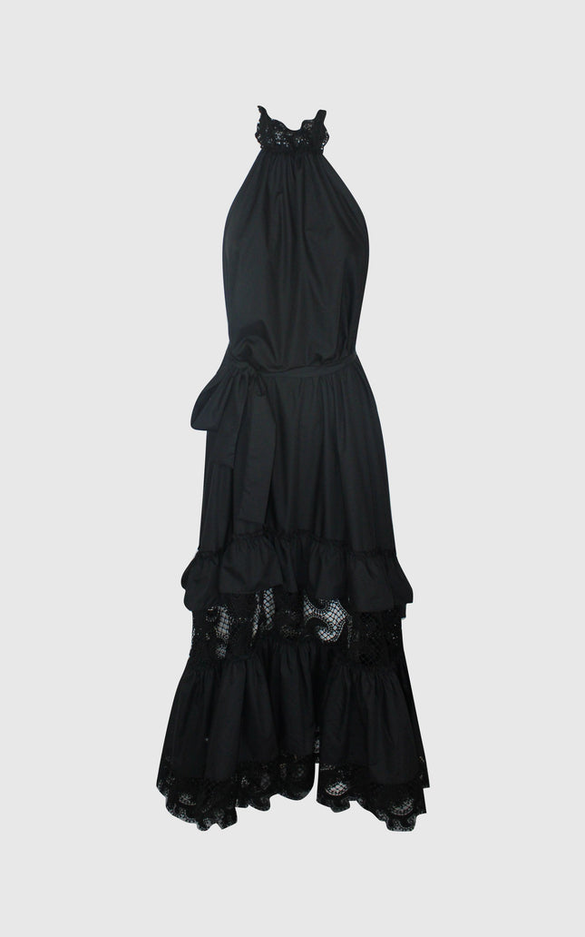 Black halter neck dress with ruffle and lace details, tiered midi skirt, elegant womenswear