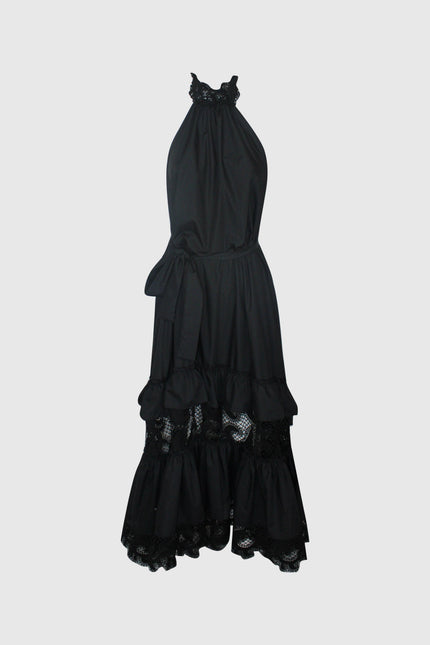 Black halter neck dress with ruffle and lace details, tiered midi skirt, elegant womenswear