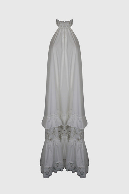 White halter neck maxi dress with lace ruffles and elegant detailing, Italian women's fashion