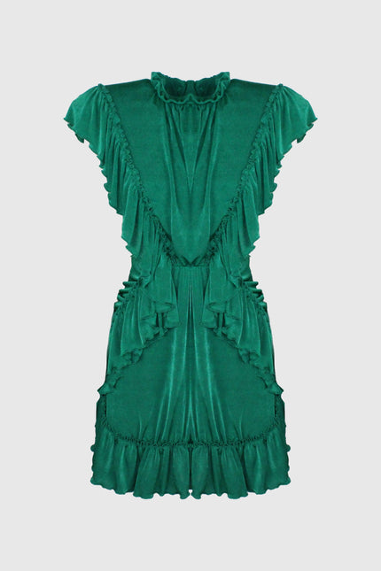 ABITO CORTO VERDE SCOLLATO SUL RETRO E DRAPPEGGIATO  CON SPALLINE E BOTTONI