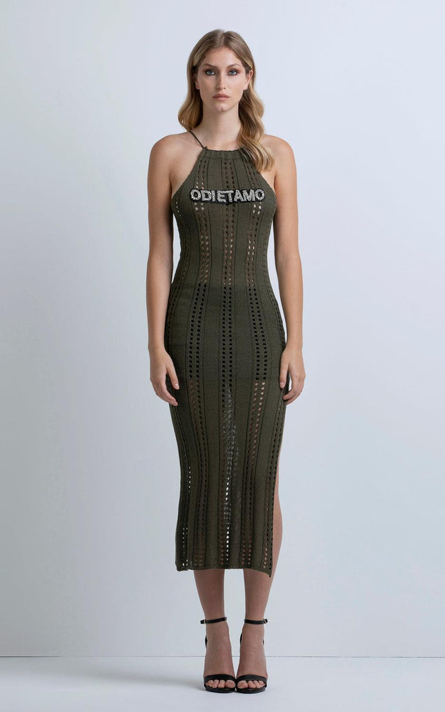 Woman wearing olive green crochet midi dress with halter neckline and 'ODI ET AMO' text