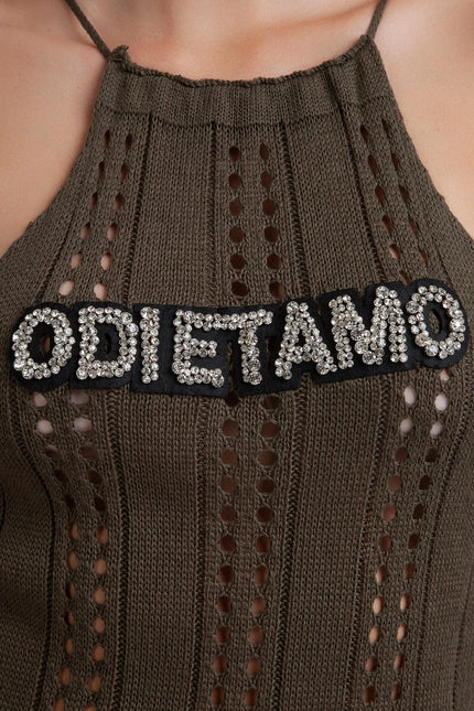 Brown crochet halter top with crystal embellished 'ODI ET AMO' patch on chest