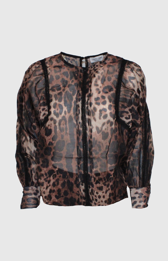 COORDINATO BLUSA SEMITRASPARENTE E GONNA LUNGA A BALZE STAMPA LEOPARDO