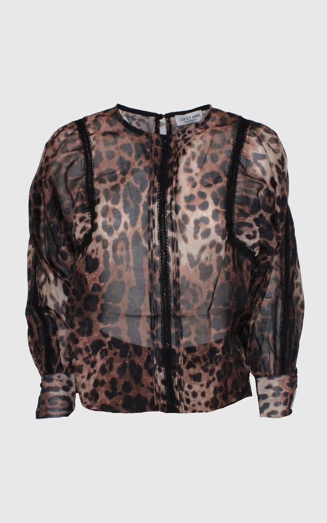 Sheer animal print blouse with lace trim and long sleeves, stylish women's fashion top