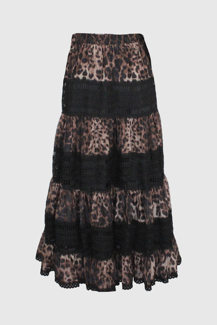 COORDINATO BLUSA SEMITRASPARENTE E GONNA LUNGA A BALZE STAMPA LEOPARDO