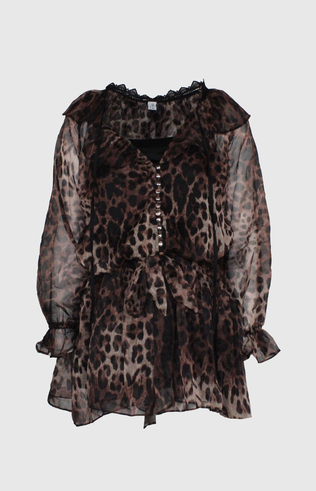 ABITO CORTO A BALZE IN CHIFFON SEMITRASPARENTE CON STAMPA LEOPARDO E SOTTOVESTE