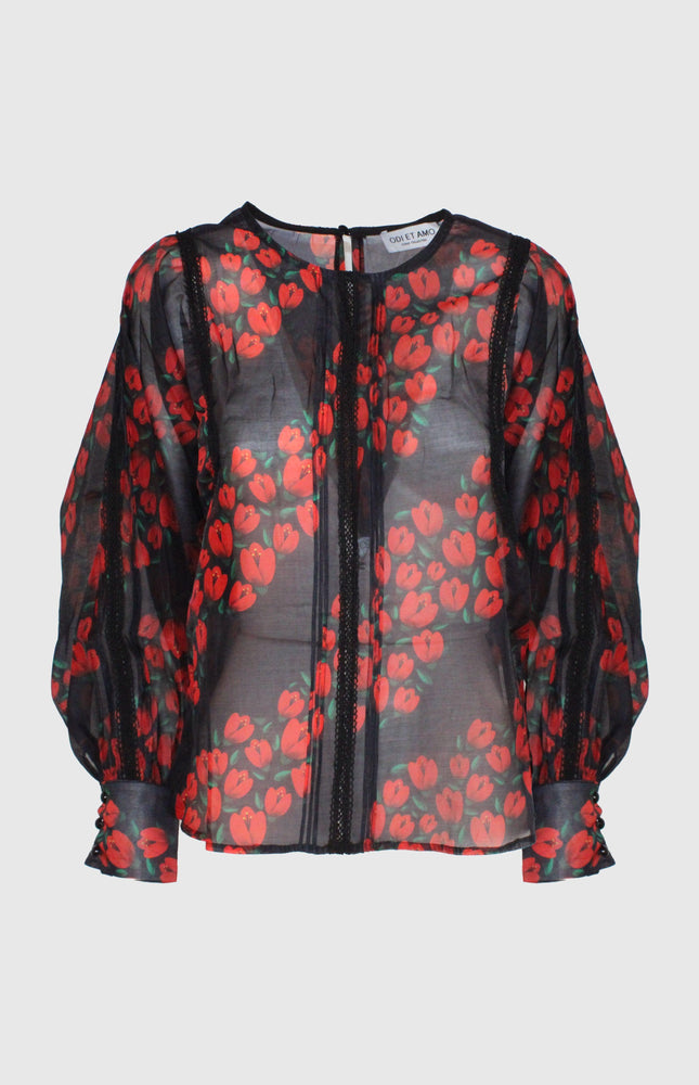 COORDINATO BLUSA SEMITRASPARENTE E GONNA LUNGA A BALZE STAMPA FIORI ROSSI