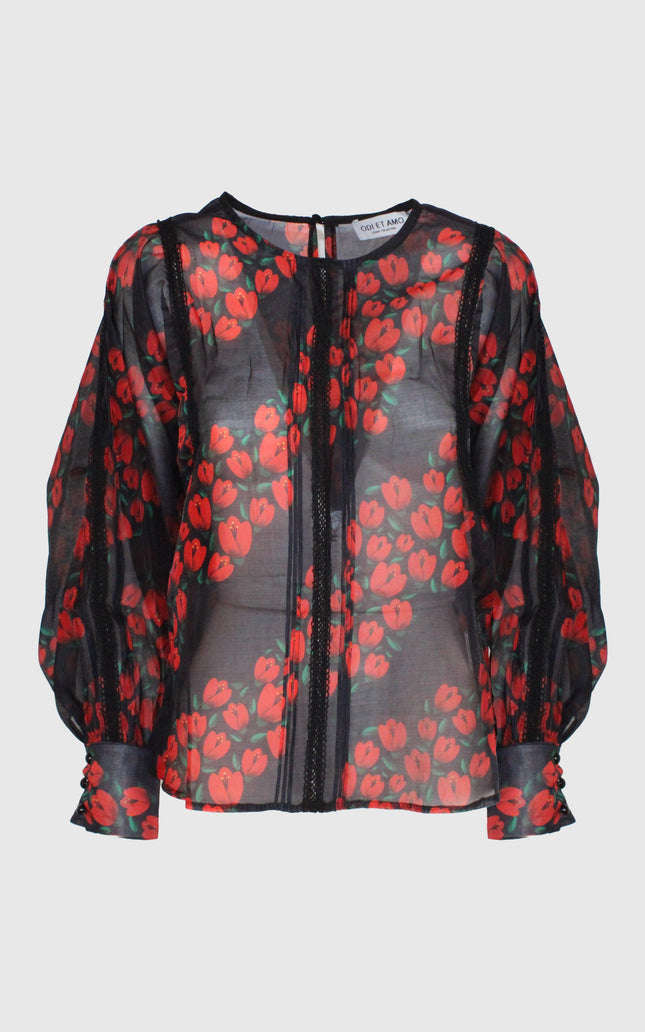 Sheer black floral blouse with red tulip print and long puff sleeves