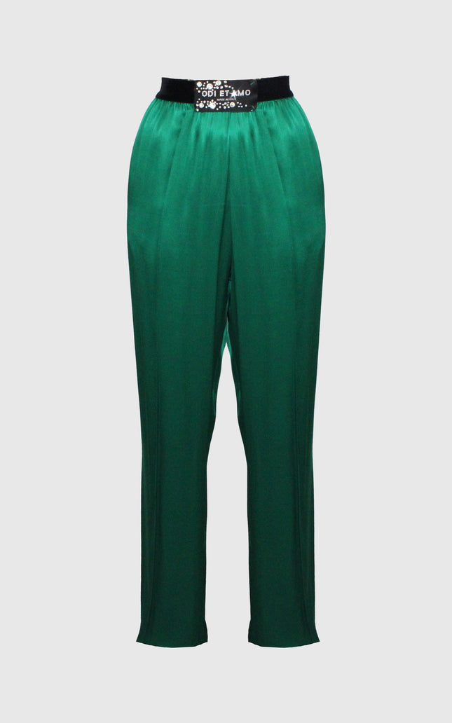 Green satin women's pants with high waist and embellished black waistband