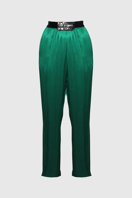 Green satin women's pants with high waist and embellished black waistband