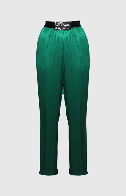 Green satin women's pants with high waist and embellished black waistband