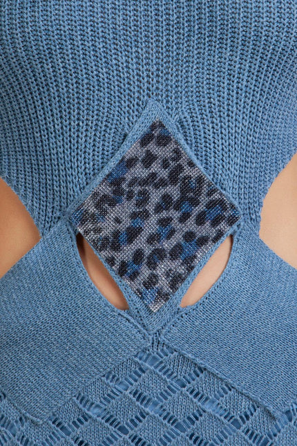 Close-up of blue knit dress with leopard print detail and openwork texture