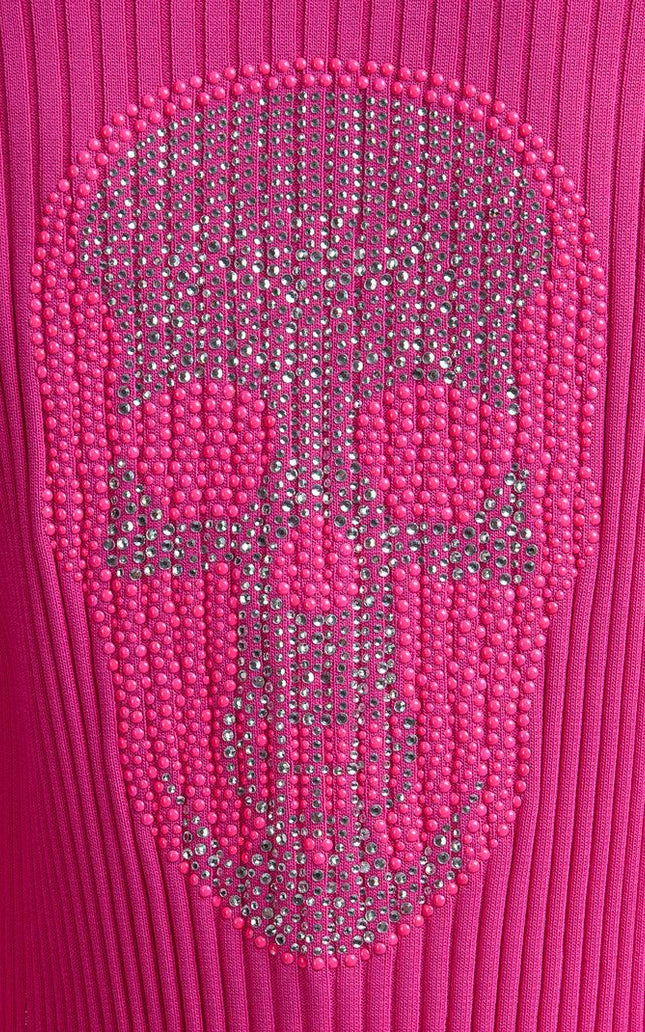Pink ribbed fabric with rhinestone skull design, edgy fashion detail, women's clothing