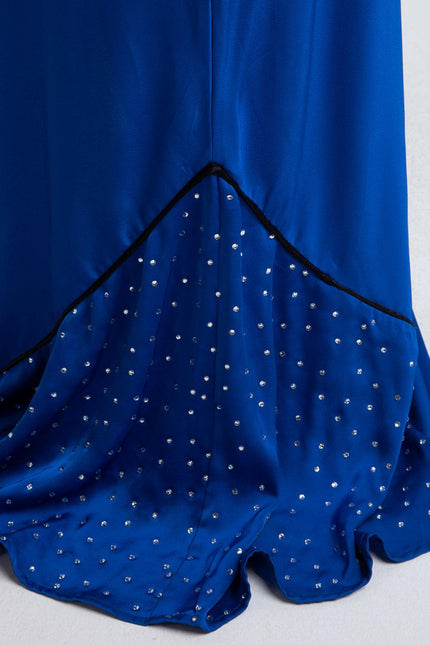 Blue dress hem with sheer fabric and rhinestone embellishments