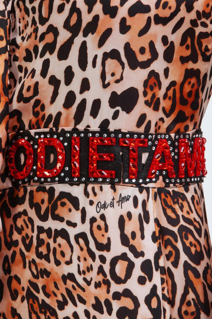 Leopard print dress with crystal-embellished belt featuring red Odi et Amo text