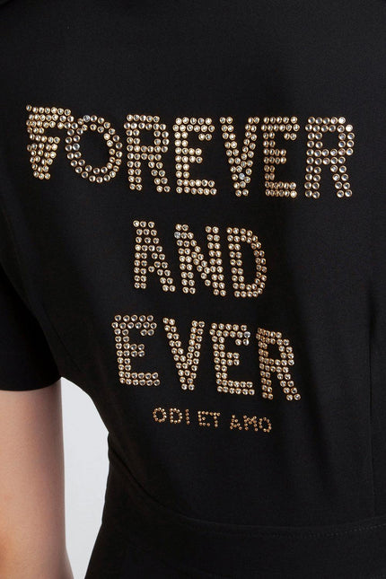 Black shirt with gold rhinestone text forever and ever, fashion detail for women
