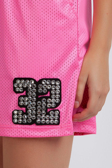 Pink mesh skirt with sequin number 32 detail, sporty fashion style