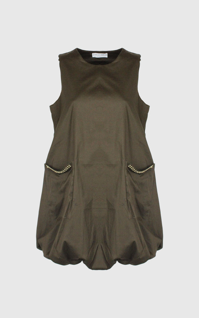 Sleeveless olive green dress with studded pockets and balloon hem, Italian fashion style