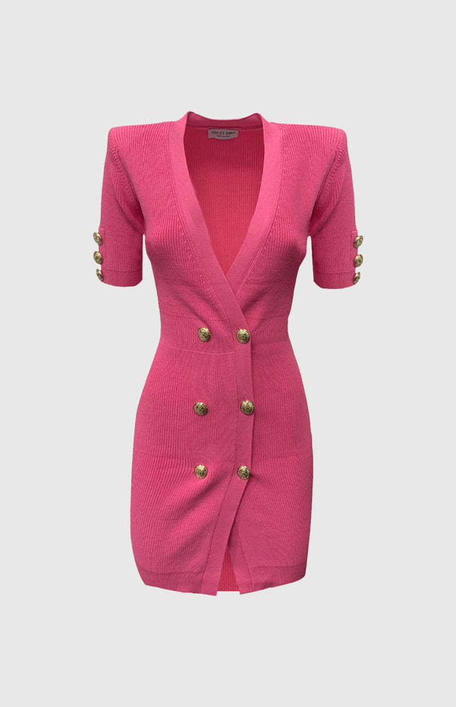 ABITO CORTO ADERENTE SCOLLO A V IN MAGLIA ROSA CON BOTTONI ORO