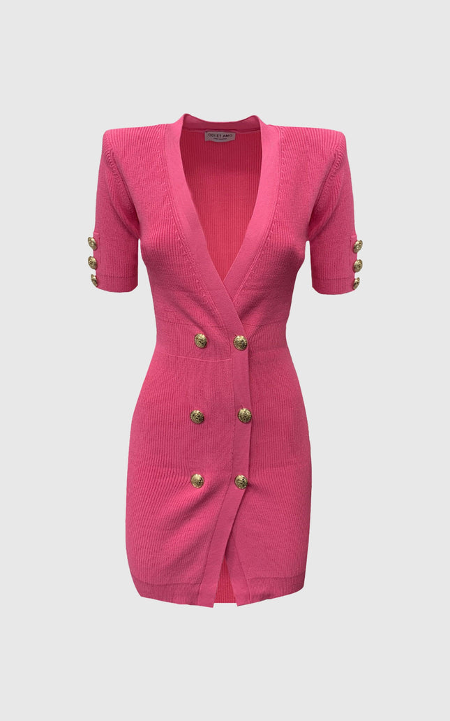 Fitted pink knit mini dress with gold buttons, short sleeves, deep V neckline, elegant style