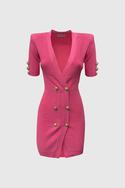 ABITO CORTO ADERENTE SCOLLO A V IN MAGLIA ROSA CON BOTTONI ORO