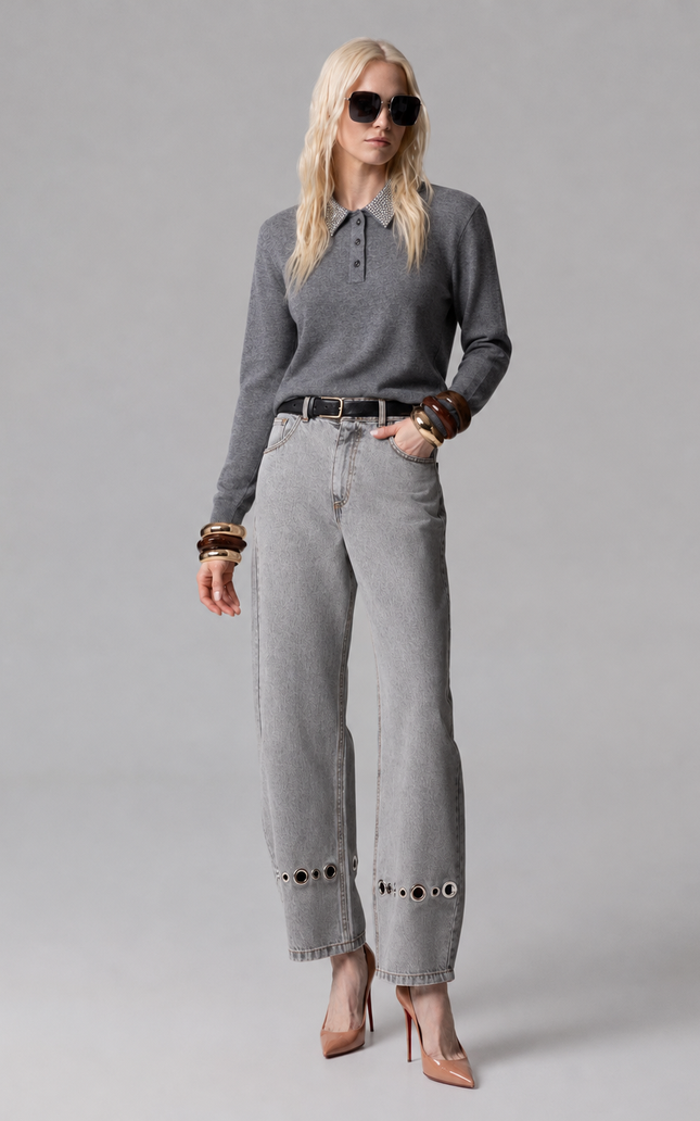 POLO NORMAL FIT MISTO LANA E SETA CON COLLETTO STRASS