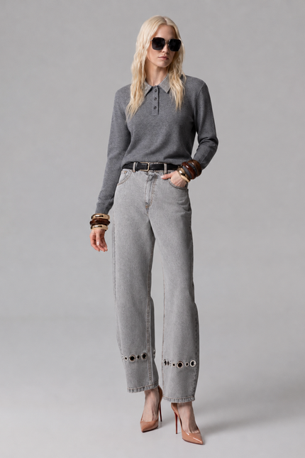 POLO NORMAL FIT MISTO LANA E SETA CON COLLETTO STRASS