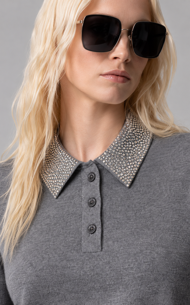 POLO NORMAL FIT MISTO LANA E SETA CON COLLETTO STRASS