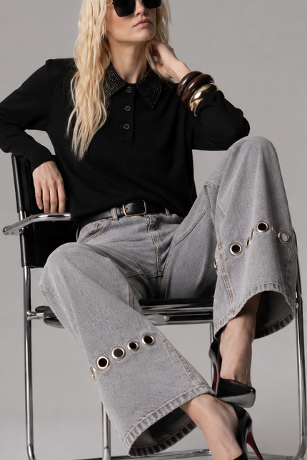 POLO NORMAL FIT MISTO LANA E SETA CON COLLETTO STRASS