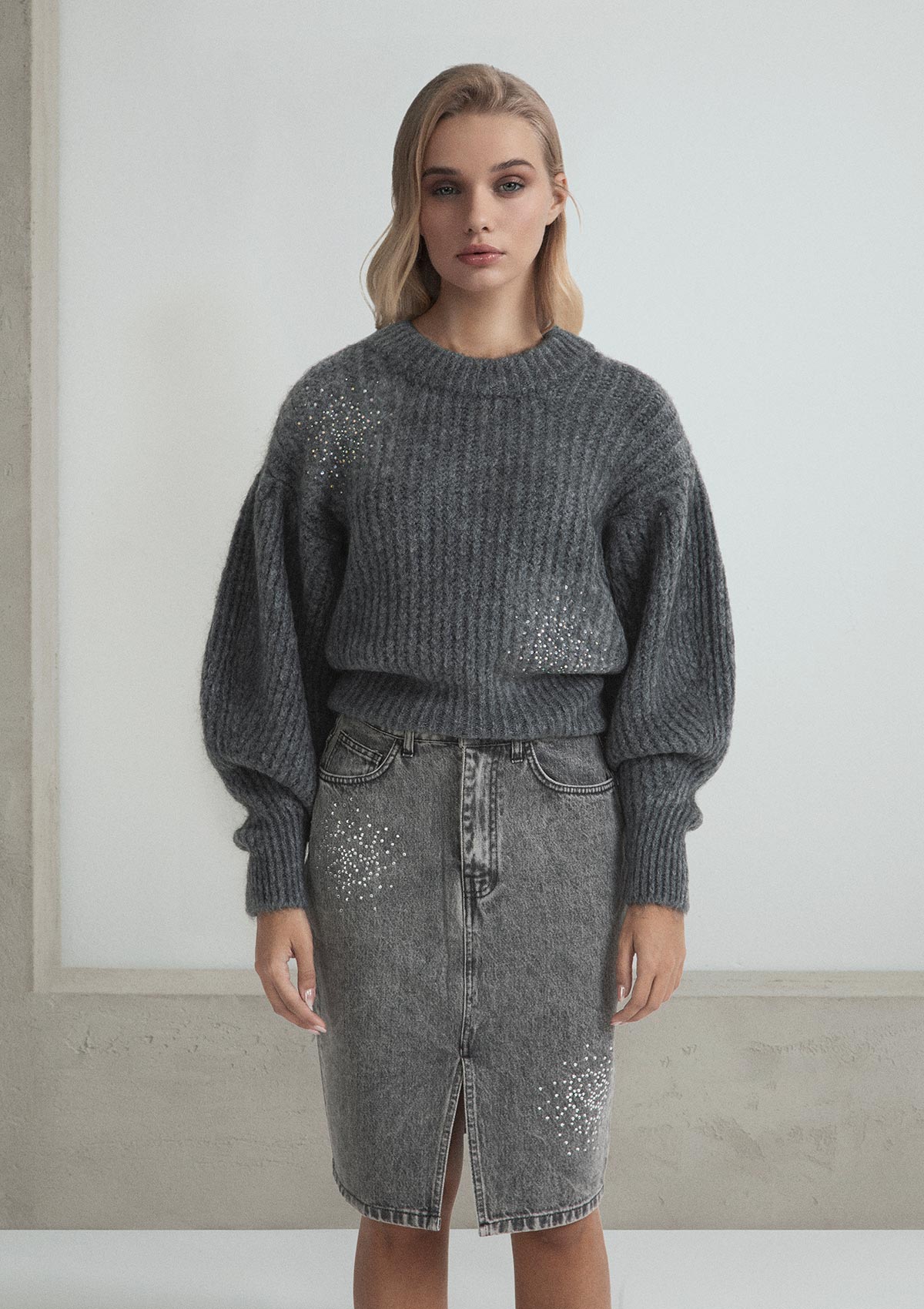 GONNA LONGUETTE IN DENIM CON CRISTALLI
