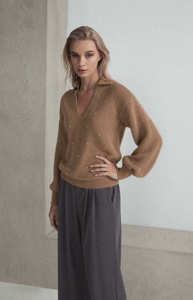 MOHAIR MIXED POLO-STYLE SWEATER WITH ALL-OVER STUDS